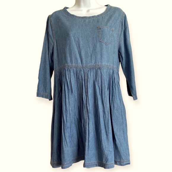 Esley Chambray Babydoll Mini Cotton Dress Medium Summer Fall Breathable Casual - Picture 1 of 13